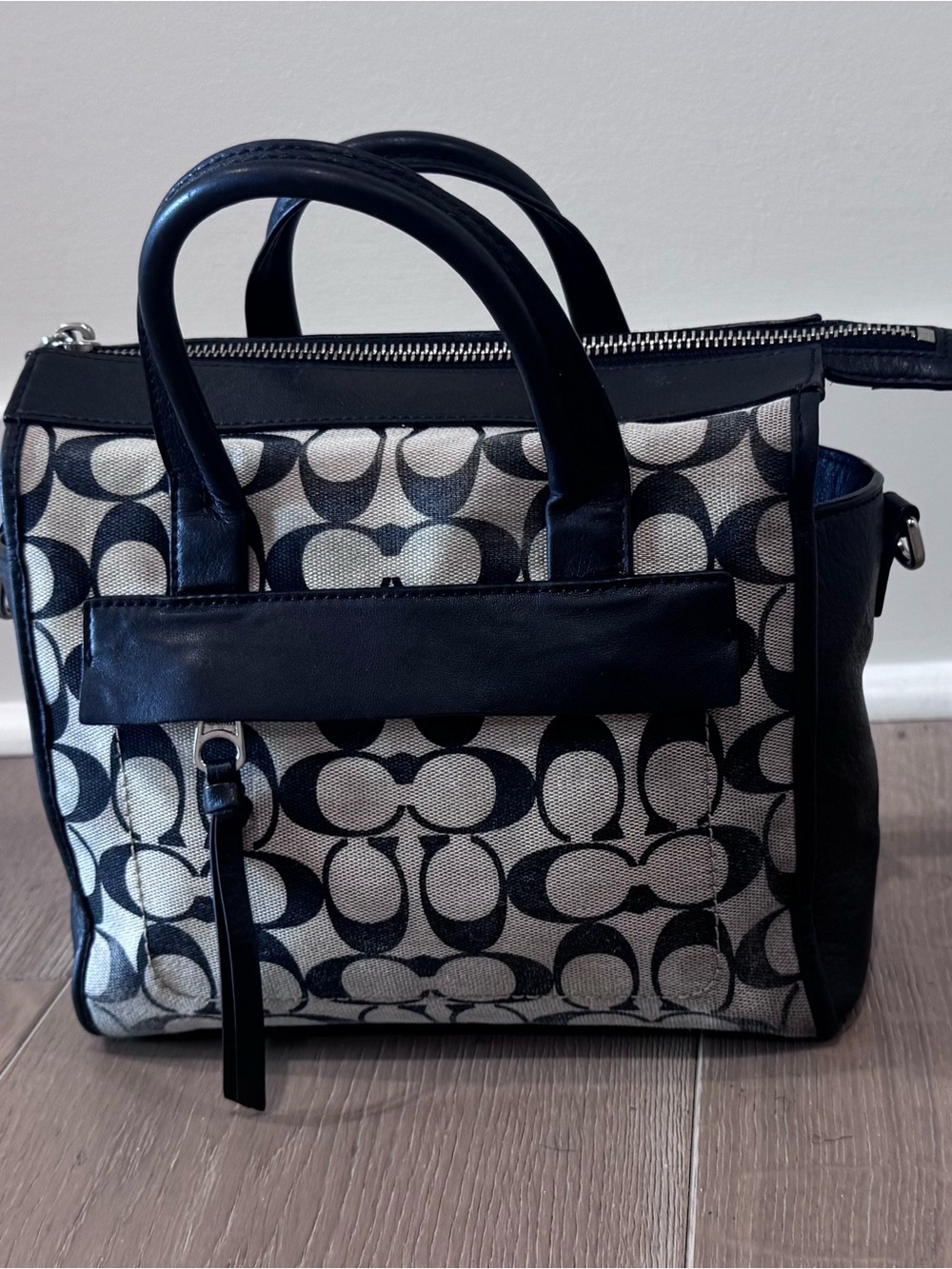 Coach Black and Khaki Signature Canvas Satchel